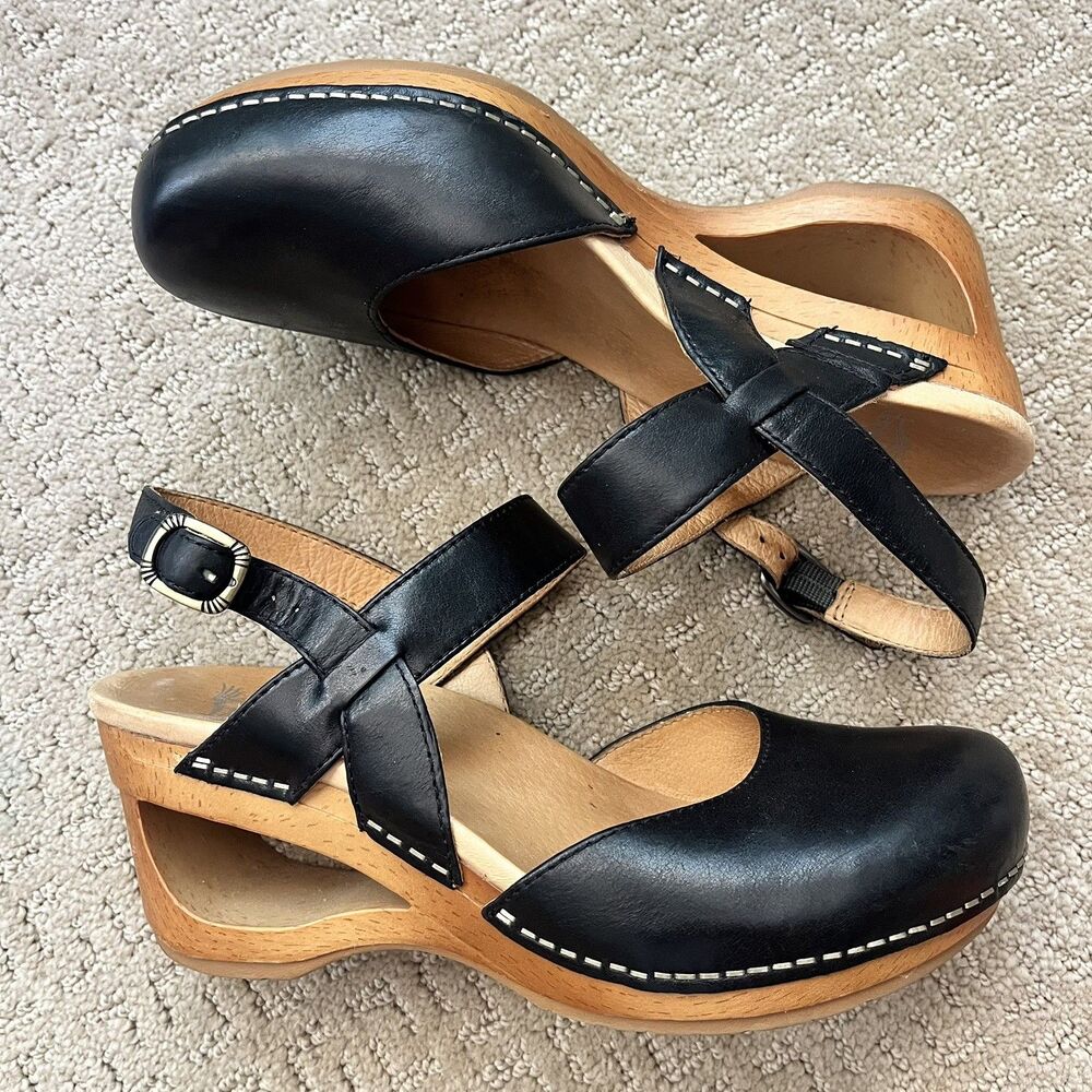 Dansko Taci Mary Jane Clogs Sz 38 Black Leather Angle Strap Wooden Wedge Cutout